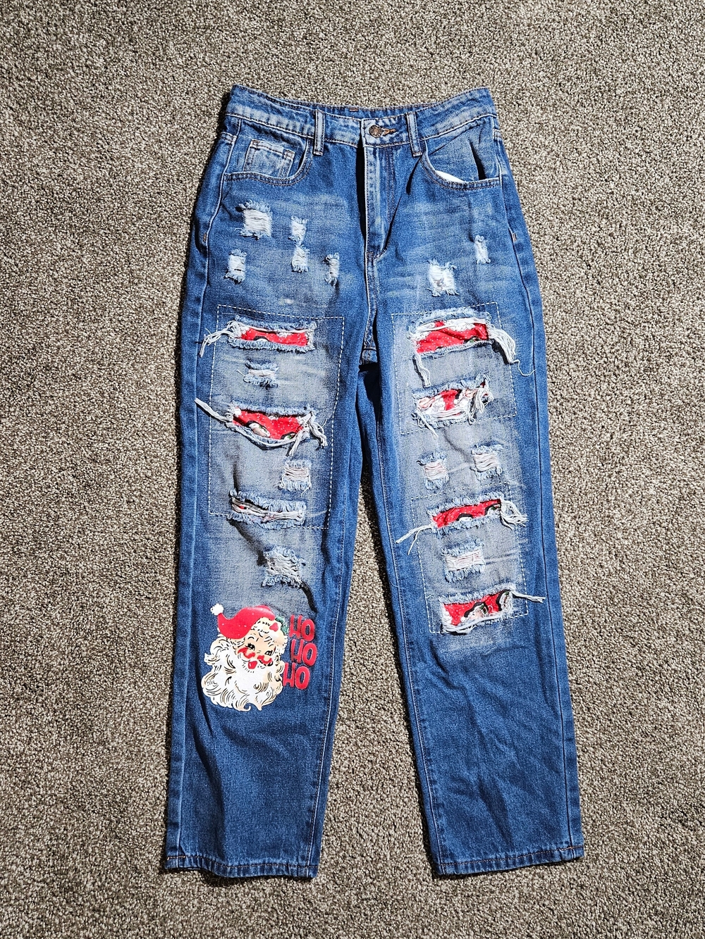 Unbranded Distressed Jeans Women's S Blue Santa Claus Patchwork Christmas